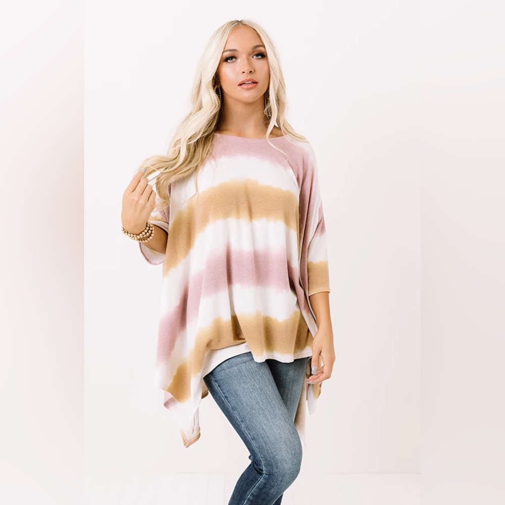 Women's Oversized Tie-Dye Tunic Top - Blush, White & Camel